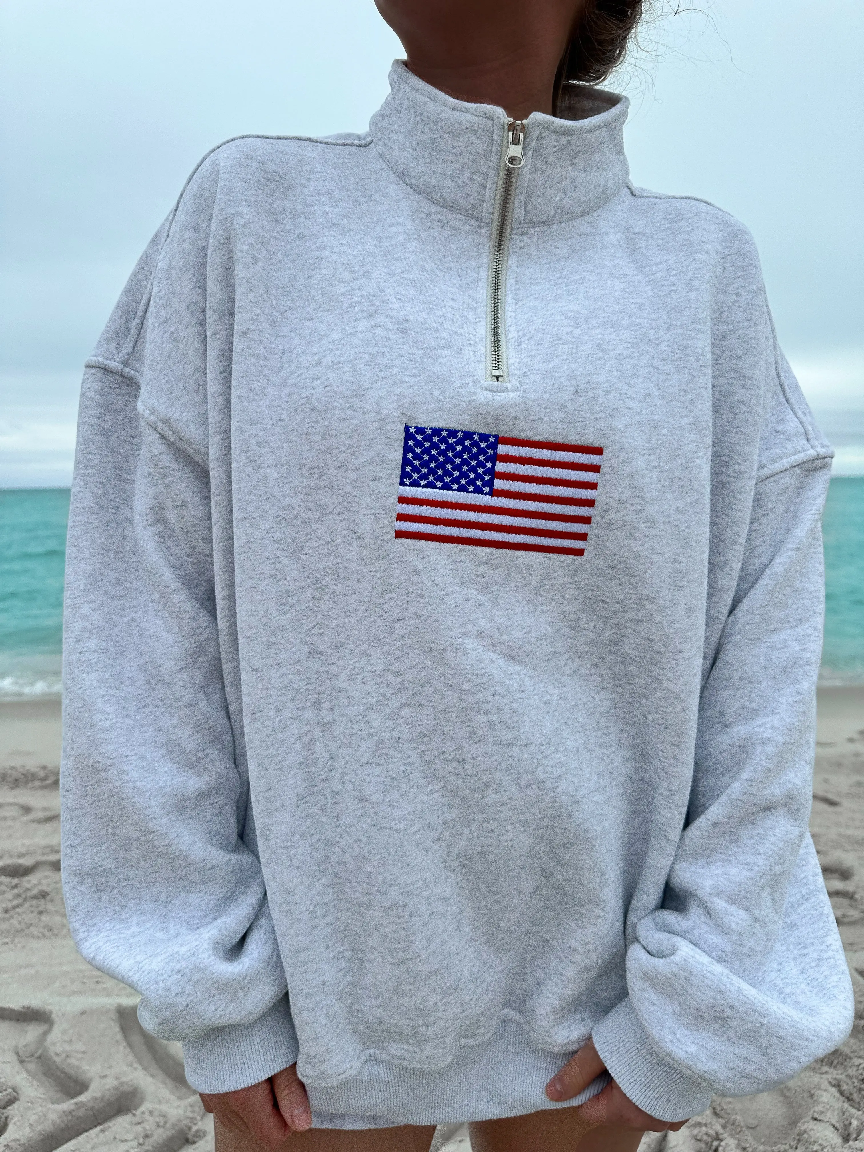 Pearl Grey Vintage American Flag Quarter-Zip Sweatshirt - Image 3