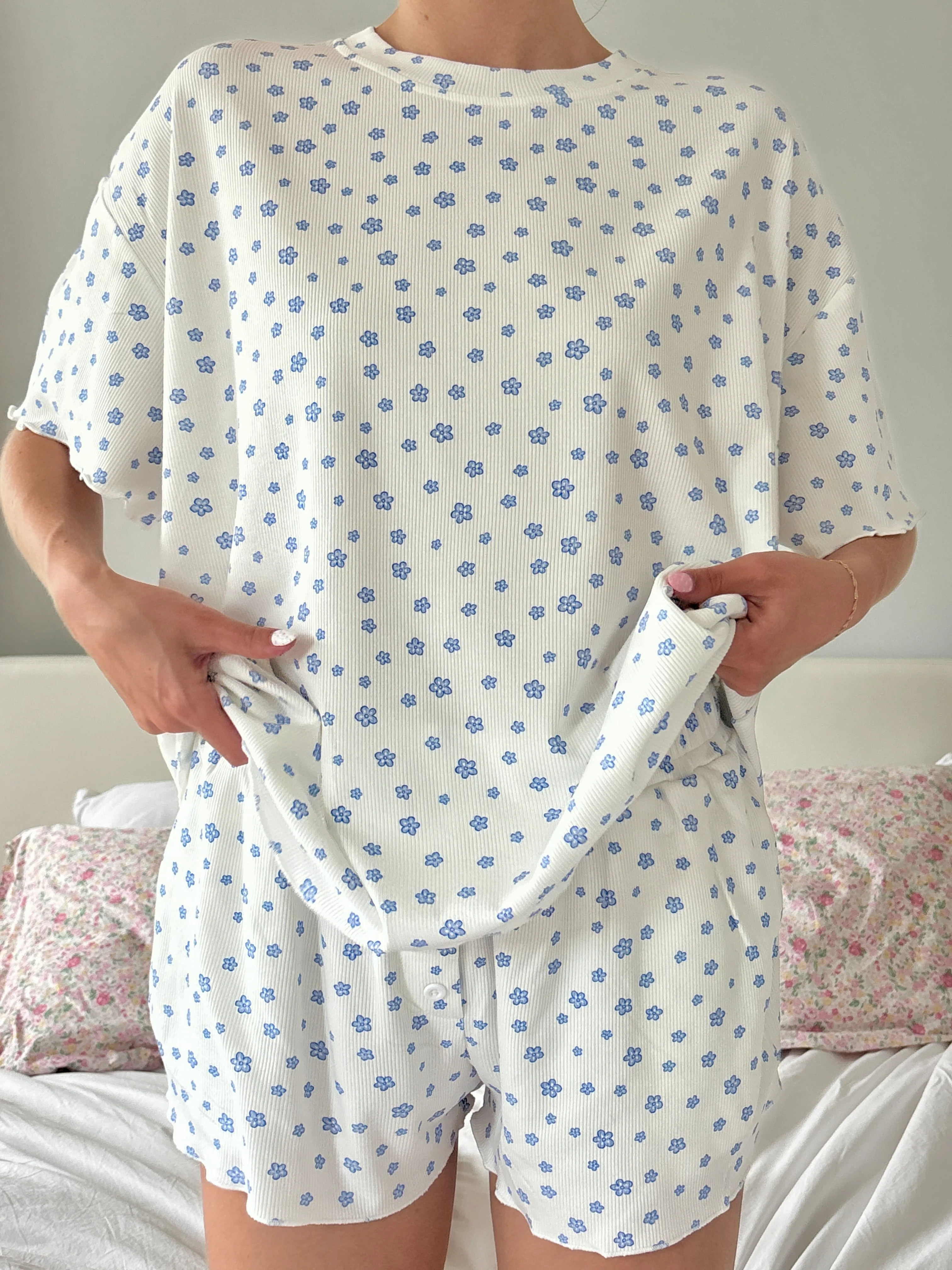 White Lilo Blue Floral Pajama Shorts - Image 4