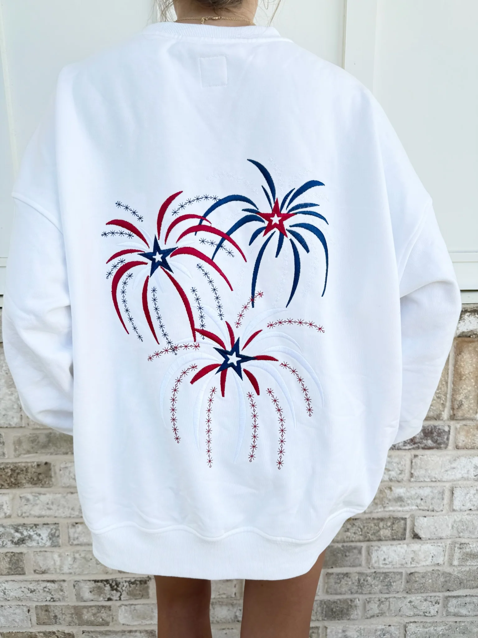 White Fireworks 4th Of July Memorial Day Embroider Sweatshirt