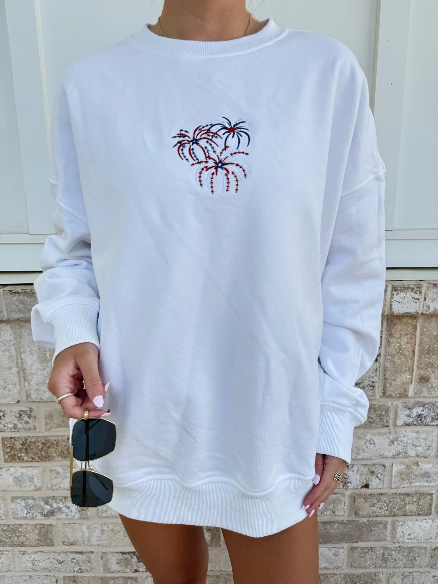 White Fireworks 4th Of July Memorial Day Embroider Sweatshirt - Image 2