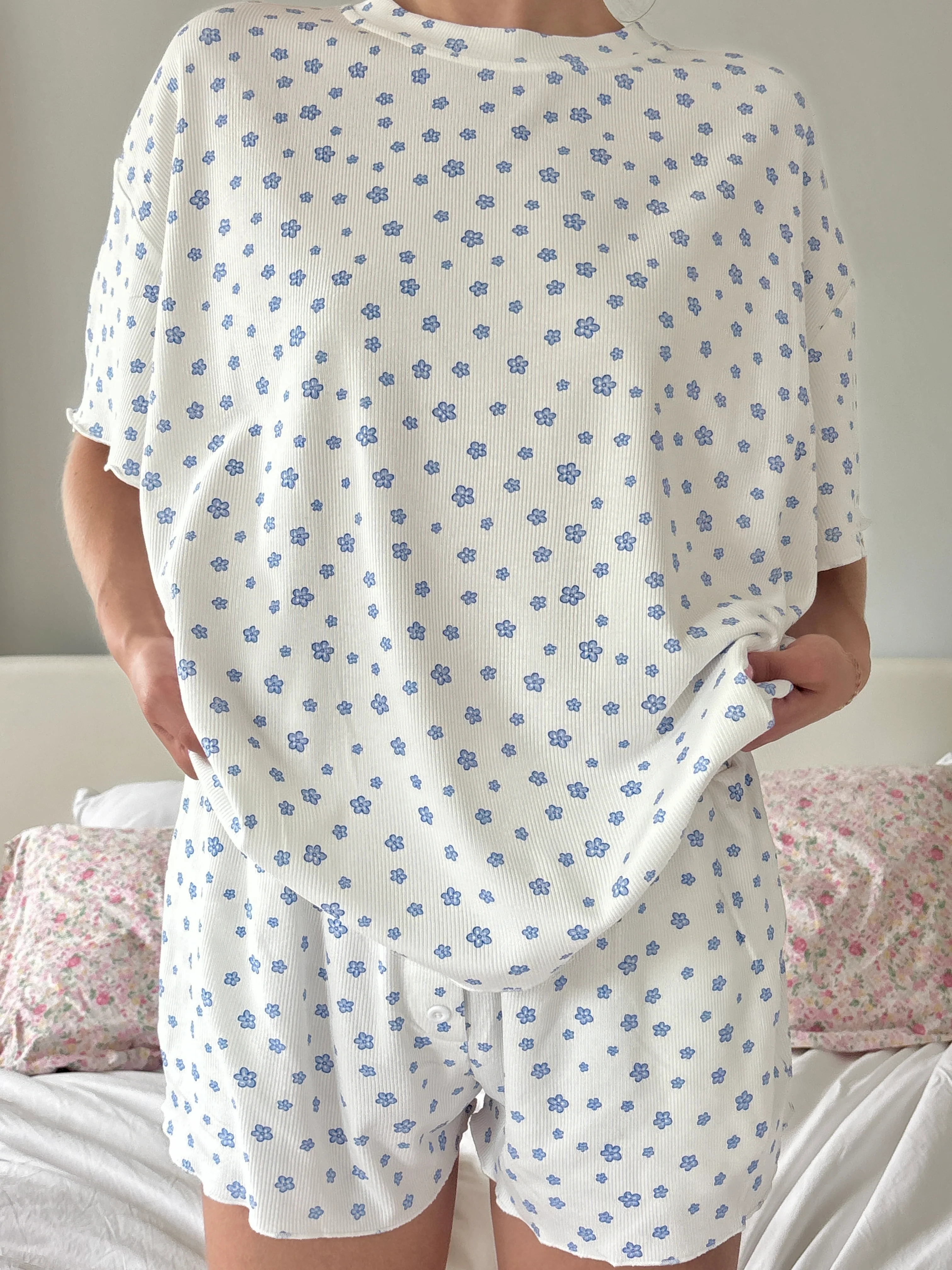 White Lilo Blue Floral Short Sleeve Pajama Top - Image 5