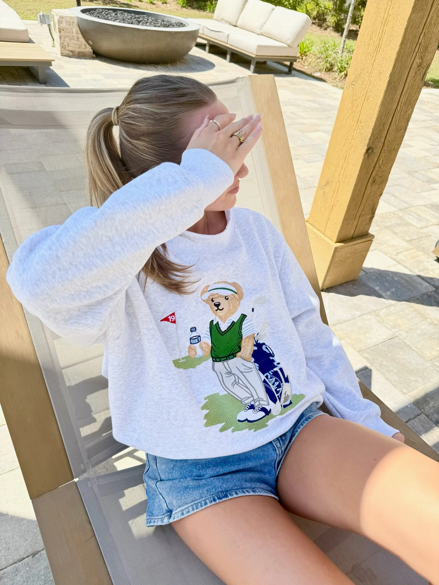 Peal Grey Old Fashion Teddy Bear Golf Embroider Mockneck Sweatshirt - Image 3