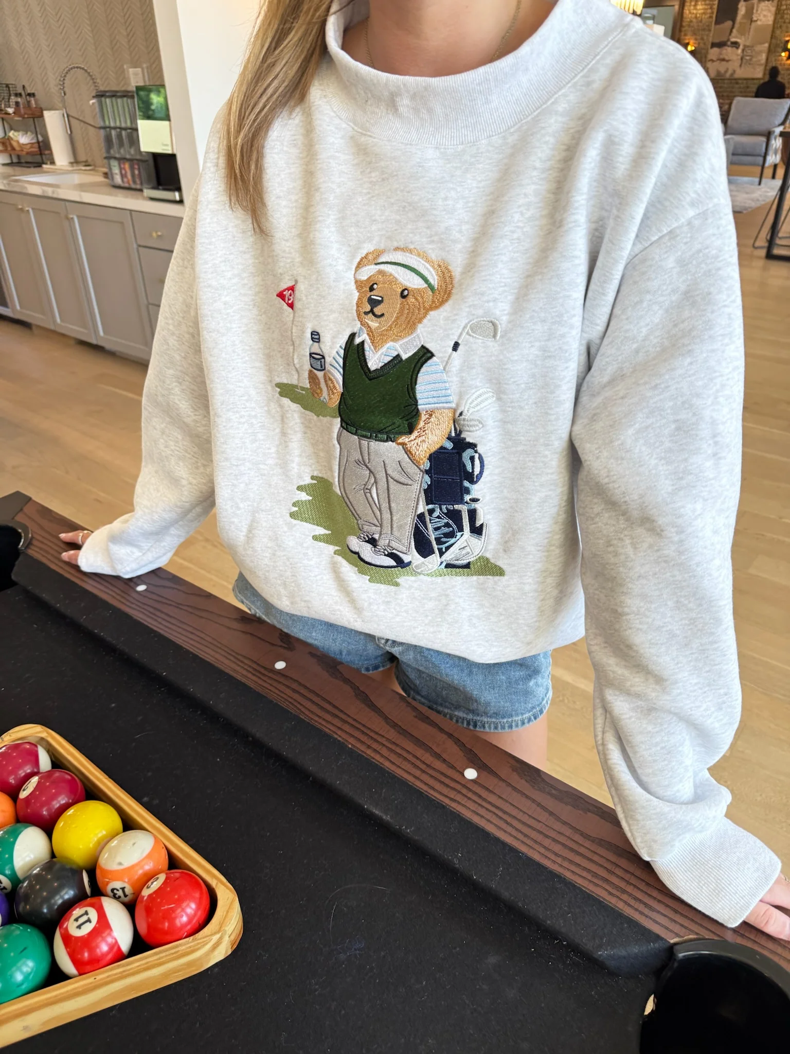 Peal Grey Old Fashion Teddy Bear Golf Embroider Mockneck Sweatshirt - Image 6