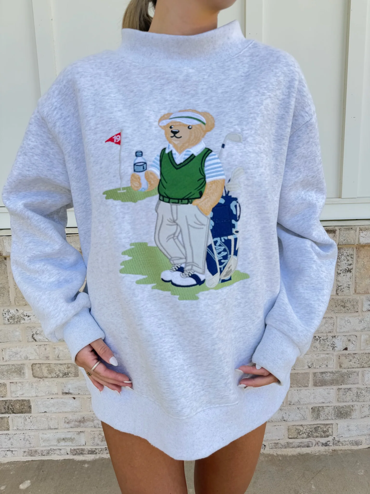 Peal Grey Old Fashion Teddy Bear Golf Embroider Mockneck Sweatshirt - Image 9